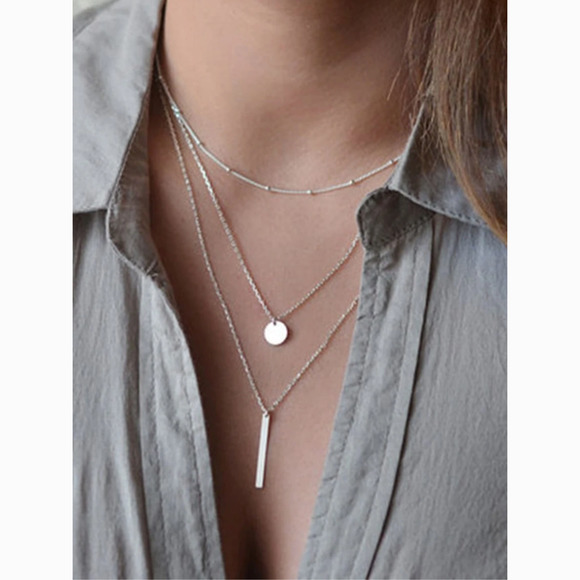Anthropologie Jewelry - Silver Bar Disc Beaded Layered Chain Necklace